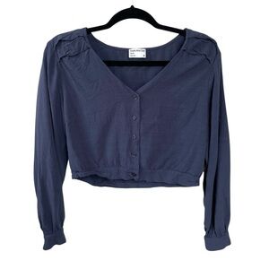 Frank & Oak Button-Up Cropped Button Front Blouse Navy Blue M